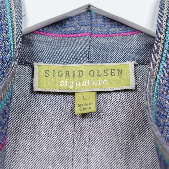 SIGRID OLSEN Linen Chambray Needlepoint Embroidered Jacket Colorful Sz L - Picture 4 of 5
